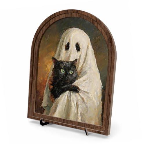 Ghost Black Cat Arched Wood Tabletop Decor, Vintage Halloween Wall Art - color: Color 21