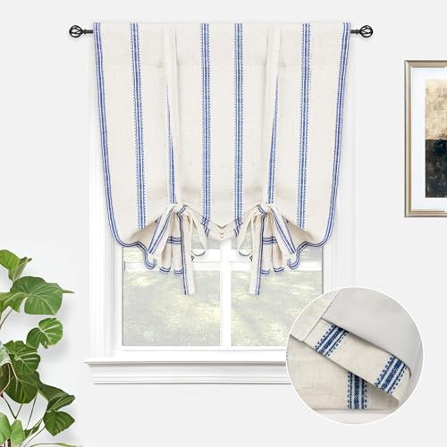 DriftAway Farmhouse Double Layer Linen Blackout Tie Up Curtains Thermal Insulated Vertical Striped Fully Lined Balloon Roman Shade Bathroom Window Adjustable Rod Pocket 25 Inch by 47 Inch Navy - color: Navy Blue, size: 25"W x 47"L (Pack of 1)