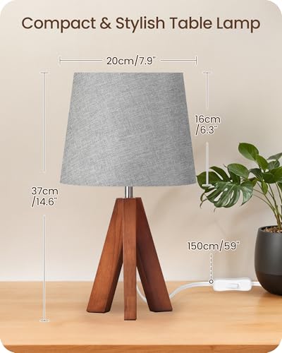 Tripod Table Lamp, 14.6" Small Bedside Lamp with Gray Linen Shade & Dark Wood Base, Modern Nightstand Lamp for Bedroom, Kids Room, Living Room, Nursery, Office, E26 Socket, LH51TL05 - color: Gray+Pearwood