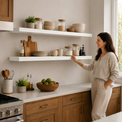 Floating Shelves 72 Inch Long 8" Deep Set of 2, Heavy Duty Wood Wall Mounted Shelves for Bathroom Living Room Kitchen, Book Shelves with Thickened Hidden Bracket - White - color: White, size: 72'' x 8''x 2''(set of 2）