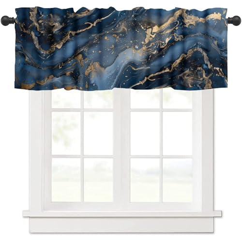 Navy Blue Marble Valance, Luxury Abstract Dark Blue Golden Veins Texture Blackout Short Window Drape Treatment for Kitchen Cafe Bedroom Living Room, 54x18inch - color: Marble-18