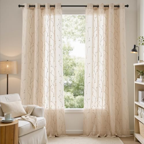 jinchan Beige Leaf Voile Embroidered Curtains 96 Inch Grommet Top 2 Panels - color: Vine Grommet Beige, size: 55"W x 96"L (Pack of 2)