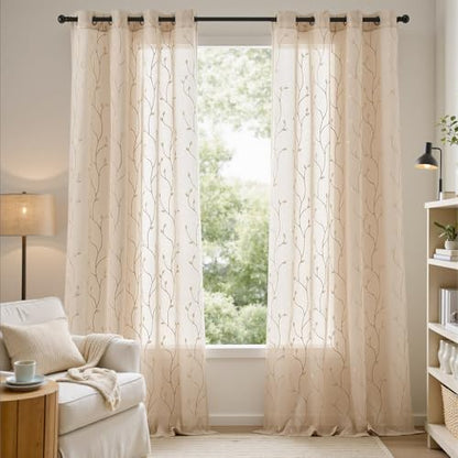 jinchan Beige Leaf Voile Embroidered Curtains 96 Inch Grommet Top 2 Panels - color: Vine Grommet Beige, size: 55"W x 96"L (Pack of 2)