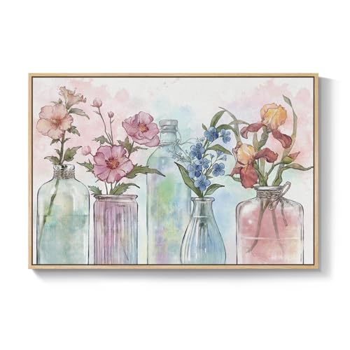 Framed Colorful Modern Floral Wall Art, 24x36 Inch Flower in Vase Pictures - color: Multi & Watercolor