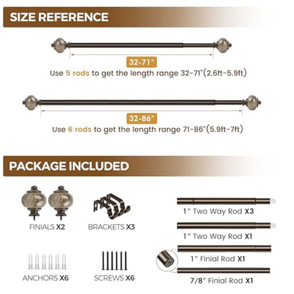 KAMANINA 1 Inch Curtain Rods for Windows 48 to 84 Inch, Bronze Drapery Rods - color: Bronze, size: 48-84"