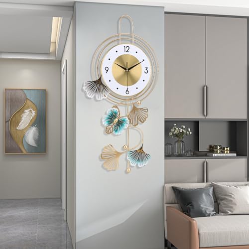 Large Wall Clock for Living Room, Round dial with Golden Green Leaves and Butterfly, Modern Silent Non-ticking Metal Wall Clocks for Kitchen Bedroom Study Office, 12.5x25.5inch (Gold Butterfly&Leaves) - color: White Leaf