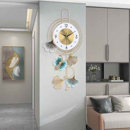 Large Wall Clock for Living Room, Round dial with Golden Green Leaves and Butterfly, Modern Silent Non-ticking Metal Wall Clocks for Kitchen Bedroom Study Office, 12.5x25.5inch (Gold Butterfly&Leaves) - color: White Leaf