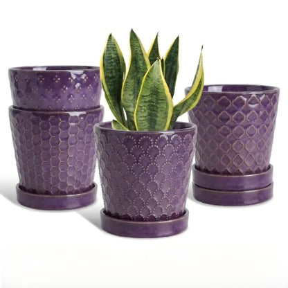 EFISPSS Ceramic Plant Pots, 5 Inch Planters with Drainage Holes and Ceramic Tray, Relief Design Flower Planter, Desktop Office Windowsill Decoration Gift Set of 4 - Purple - color: Purple
