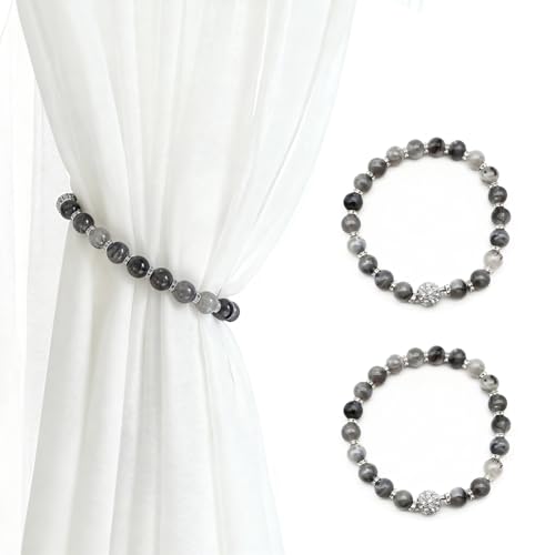Magnetic Curtain Tiebacks, 2 Pcs Beaded Curtain Holdbacks for Window Curtain Panels, Drapes, Home Décor, 13 Inches (Grey) - color: Grey