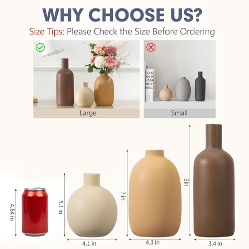 Large Ceramic Vase Set of 3, Brown Rustic Vases Home Decor Waterproof - color: 3pcs-neutral Large