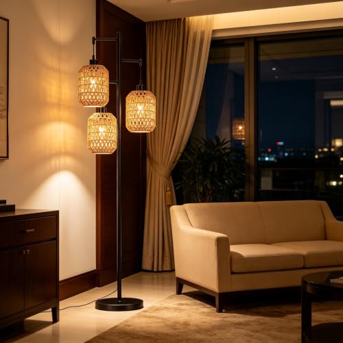 QIYIZM Floor Lamp for Living Room,Bedroom,Boho Rattan Tree 3 Lights Farmhouse Floor Lights,Industrial Black Standing Lamp Wicker Rustic Tall Lamp,Woven Bamboo LampShade Floor Lamps Bohemian - size: Floor Lamp--17
