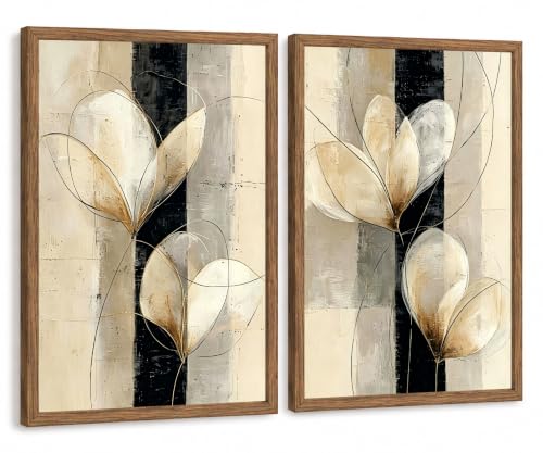 Framed Modern Neutral Black White Abstract Floral Canvas Wall Art Set of 2 - color: Beige, Black, Gold, Cream, White, size: 12"L x 16"W