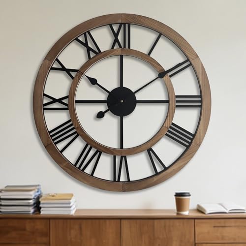 24 Inch Large Rustic Wall Clock Silent Non-Ticking Wooden Wall Clocks with Roman Numerals Farmhouse Decorative Clock for Living Room Bedroom Office (Brow) - color: Brown, size: 24 Inch