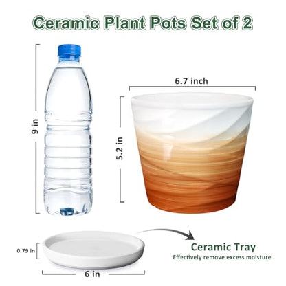 6 Inch Ceramic Plant Pot(6.7 in Diameter,2 Pack) - color: Khaki + White, size: 6.7 Inch-2 Pack