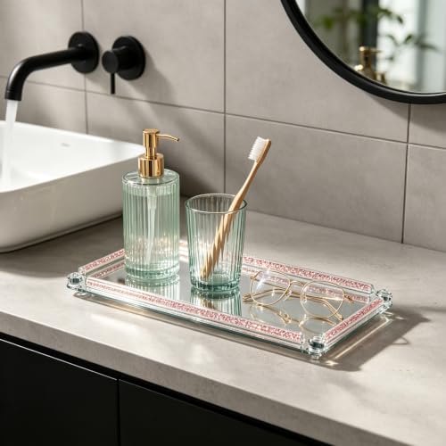 Crystal Mirror Tray, 13.8" x 5.9" Pink Glass Perfume Tray - color: Pink a