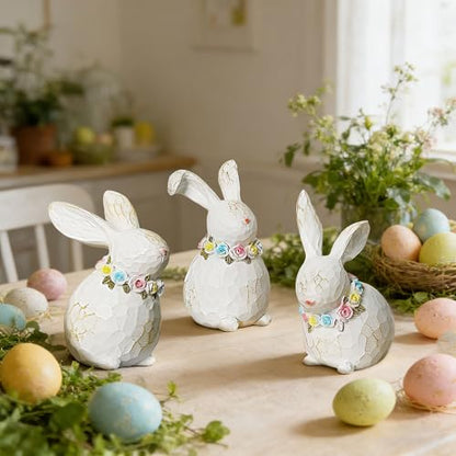 Lulu Home 3 Packs Easter Tabletop Ornaments, Resin White Bunnies