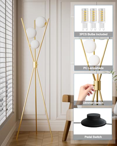 Lightdot Gold Tripod Floor Lamp Stepless Dimmable Globe Floor Lamp Modern - color: Gold-79A
