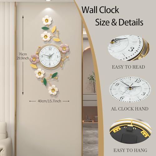 FLEBLE Large Wall Clock for Living Room Decor Metal Flower Home Decorative