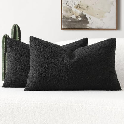 FUTEI Pack of 2 Boucle Textured Throw Pillow Covers 12x20 Inch, Black - color: Black, size: 20" x 12" (Pack of 2)