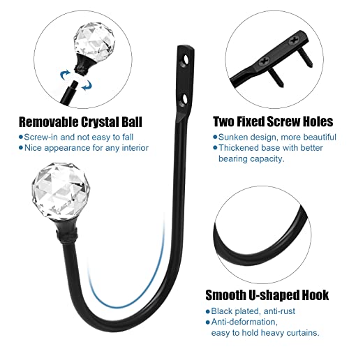 Crystal Curtain Holdbacks, Black Curtain Tieback Hooks Metal Decorative Curtain Pull Backs 4 Pack Heavy Duty Modern Drapery Tiebacks U Shaped Window Drape Holder - color: Black-4 Pack