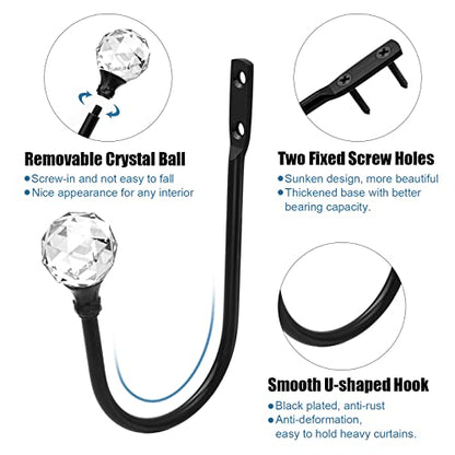 Crystal Curtain Holdbacks, Black Curtain Tieback Hooks Metal Decorative Curtain Pull Backs 4 Pack Heavy Duty Modern Drapery Tiebacks U Shaped Window Drape Holder - color: Black-4 Pack