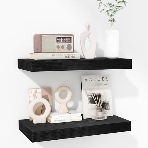 Fun Memories 16 Inch Floating Shelves - Deep Rustic Black Wooden Wall Shelves - Extra Deeper & Thicker Wall Mounted Storage Shelf for Bedroom, Kitchen, Farmhouse - 2 Pack, Rustic Black - color: Black, size: 16"L x 8"D