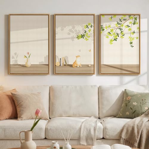 Framed Modern Neutral Wall Art for Living Room, 3 Piece Nature Summer Cozy Canvas Prints Painting, Minimalist Farmhouse Cat Botanical Peaceful Wall Decor for Bedroom Dining Room Office, 16x24 Inch - color: Soft Beige & Green, size: 16" W x 24" H x 3Pcs