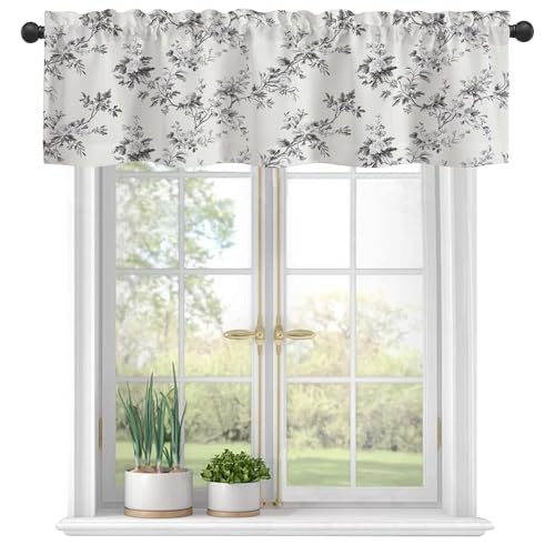 Valances Curtains for Windows,Gray Retro Flowers and Branches Semi Sheer Curtain Valances, Rod Pocket Short Window Treatment Light Filtering Decor Valances for Kitchen Bedroom - 54"x18" - color: Gray Retro Flowers and Branches, size: 18"W x 54"L (Pack of