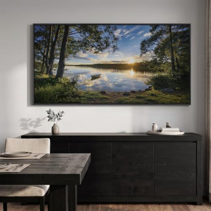 Large Framed Sunrise Lake Landscape Wall Art for living room, 60x30 Inch - color: Blue
