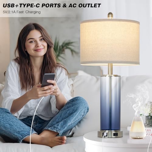 26" Coastal Blue Glass Table Lamps Set of 2, 3-Way Dimmable Touch Control Bedroom Lamp with USB C+A Ports & AC Outlet, Elegant Living Room Lamp, Nautical Bedside Lamps for Nightstand Side End Table - color: Blue