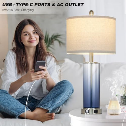 Ruzectt 26" Glass Table Lamp Single, 3-Way Dimmable Touch Control Living Room Lamp with USB C+A Ports & AC Outlet, Coastal Bedside Lamps, Bedroom Lamps for Nightstand Side End Table Desk, Blue-1PK - color: Blue-1PK