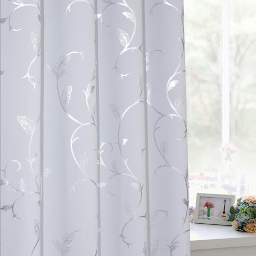 BUHUA Blackout Curtains Silver Foil Print Flower Vine Grommet Drapes, Room Darkening Thermal Insulated Curtains, Noise Reducing Curtain for Bedroom, Greyish White, 66Wx63L, 2 Panels - color: Greyish White, size: 66"W x 63"L (Pack of 2)
