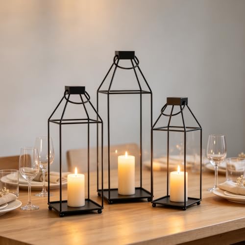 Lanterns Decorative Tall Large Metal Candle Set of 3, Black （16.6",14.7",12.9"） Modern Farmhouse Decor, Indoor, Outdoor, Tabletop, Porch, No Glass NO Candles