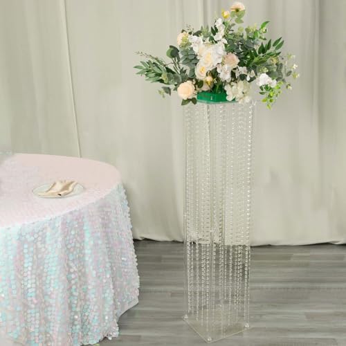 Efavormart 48" Heavy Duty Acrylic Flower Pedestal Vase with Hanging Crystal Beads, Clear Pillar Stand Wedding Floor Centerpieces with Pre-Chained Garlands - 5mm Thick Plates - size: 11"W x 48"H
