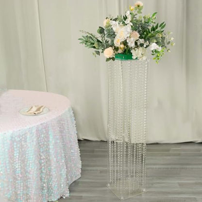 Efavormart 48" Heavy Duty Acrylic Flower Pedestal Vase with Hanging Crystal Beads, Clear Pillar Stand Wedding Floor Centerpieces with Pre-Chained Garlands - 5mm Thick Plates - size: 11"W x 48"H
