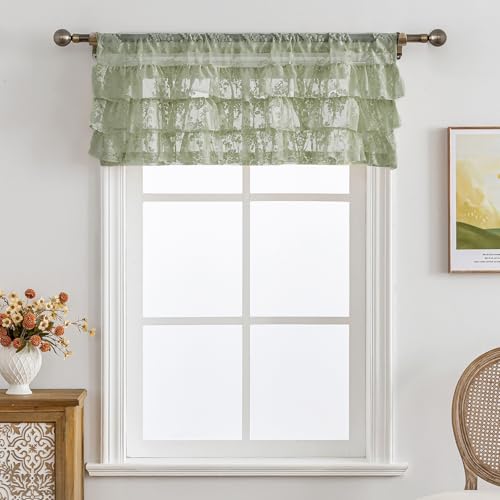 Kotile Sage Green Ruffle Lace Valance for Windows W52 x L18 Inch, 1 Panel - color: Sage Green - Ruffle Lace