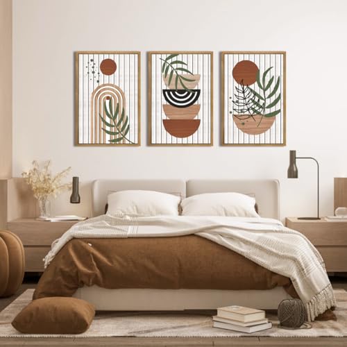 DRACIT Large Boho Mid Century Wooden Framed Canvas Wall Art Set-16"x24"×3 - color: 3D Boho Mid Century Wooden Decor