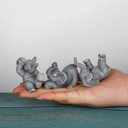 Set of 3 Grey Resin Small Elephant Statues and Set of 2 Cherub Angels Statue Figurine