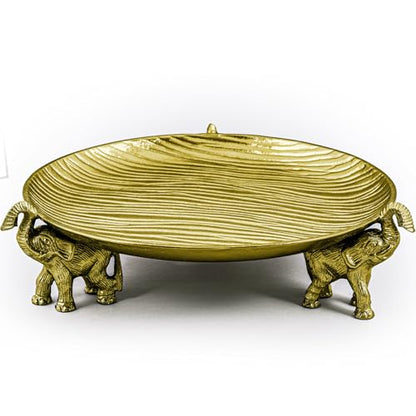 Antique Gold Tray with Elephant Stand - Round Coffee Table Centerpiece - color: Antique Gold