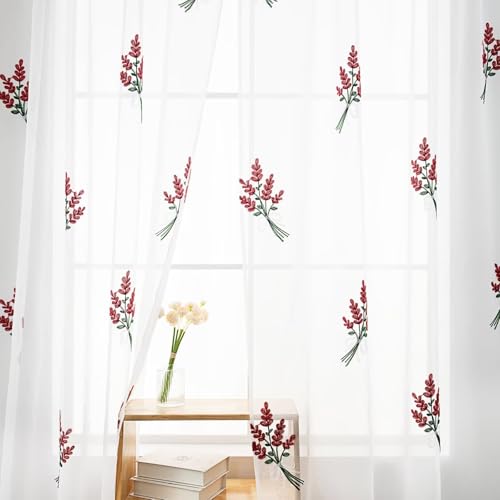 Floral Sheer Curtains Embroidered Lavender Patterned Semi-Sheer Curtain 63 Inches Long 2 Panels Rod Pocket Spring Voile Drapes for Living Room, Bedroom(W52 x L63 Inch, White&Burgundy) - color: Burgundy, size: 52"W x 63"L (Pack of 2)