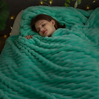NEWCOSPLAY Fleece Ribbed Cozy Queen Blanket for Couch, Aqua, 90"x90" - color: Aqua Ribbed, size: Queen(90"x90")
