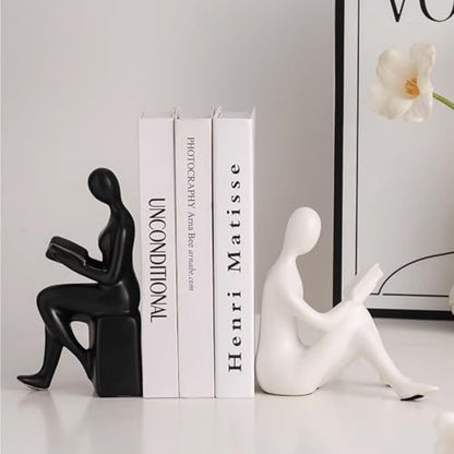Modern Decorative Ceramic Reading Figure Bookends, Contemporary Minimalist Book Holders for Shelves, Office Home Library Decor (Black+ White)