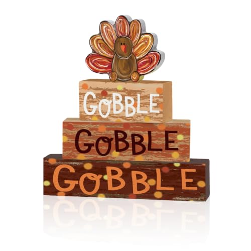 Smile Thanksgiving Wooden Block Signs, Gobble Turkey Decorations - style: Turkey