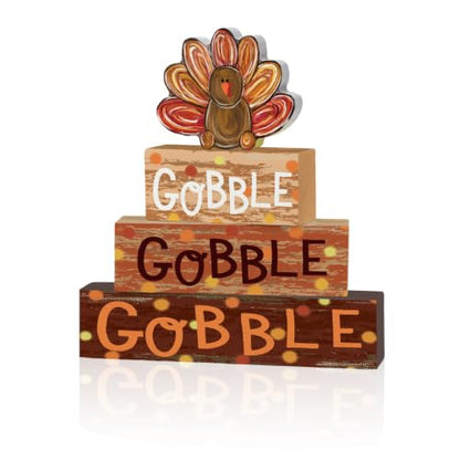 Smile Thanksgiving Wooden Block Signs, Gobble Turkey Decorations - style: Turkey