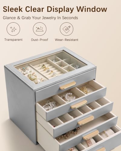 Homeanda Jewelry Boxes Organizer with Glass Lid, 5-Layer PU Leather, Grey - color: Grey, size: 5 Layer