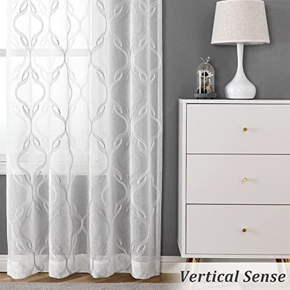 VISIONTEX Grey and White Sheer Curtains Moroccan Embroidered 63 Inches - color: A-grey, size: 54"W x 63"L (Pack of 2)