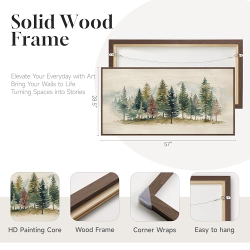 Large Framed Watercolor Pine Tree Forest Wall Art for Living Room, 60x30 In - color: Beige