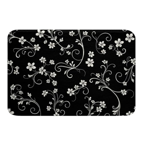 jejeloiu Retro Scroll Floral Bathroom Rugs Boho Floral Bath Mats 16"x24" - color: Dark Black and White, size: 16"x24"