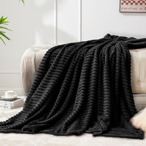 BEDELITE 3D Ribbed Jacquard Black Fleece Twin Blanket for Bed, 60x80 Inch - color: Black, size: Twin(60"x80")