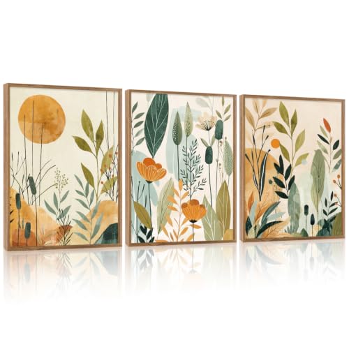 CHDITB Boho Botanical Framed Canvas Wall Art Set, Minimalist Nature Plant Wall Decor, Abstract Sun and Wildflower Painting, Neutral Green Plant Art Prints for Living Room Bedroom Kitchen 12"x16"x3 - color: Boho flower